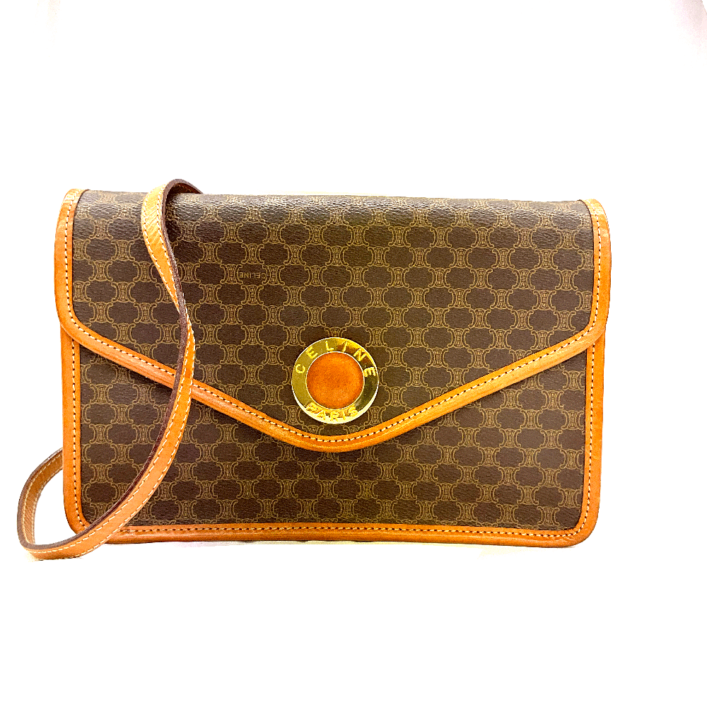 N【CELINE】セリーヌ　サークルロゴ　ショルダーバッグ　ブラウン×ゴールドカラー金具　マカダム柄　PVC　ブランドバッグ　ヴィンテージバッグ　肩掛けバッグ　レディースバッグ　質屋かんてい局那須塩原店★R2504278