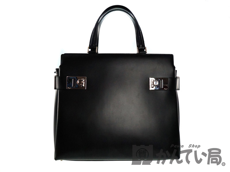 FERRAGAMO【フェラガモ】『ハンドバッグ』レザーブラック系シルバー金具トートバッグビジネスバッグレディース【】USED-AB質屋かんてい局春日井店k18-936