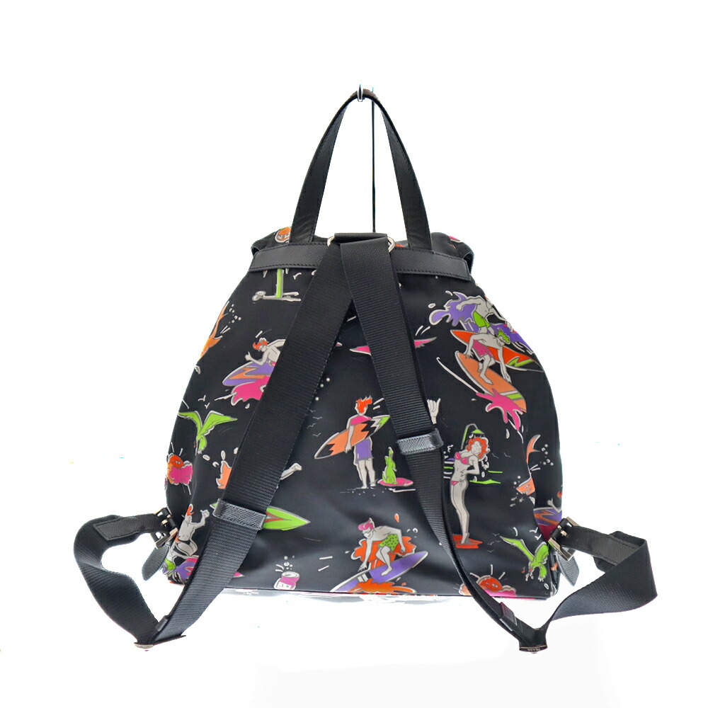 Prada プラダ 1bz811 バックパック リュックサック ナイロン ブラック 黒 プリント マルチカラー サーフィン 海 ハワイ ポコノ ナイロン レザー ユニセックス 鞄 かばん 中古 Used 7 質屋かんてい局春日井店 K21 1819 Mozago Com