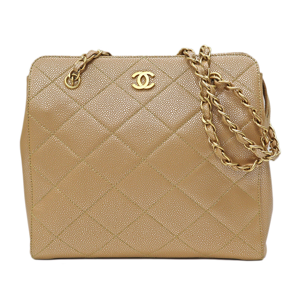 シャネル Chanel チェーントート トートバッグ レディース キャビアひと肌 ベージュ×しろがね色ラメ【中古】 バッグ-ショルダーバッグ・メッセンジャーバッグ