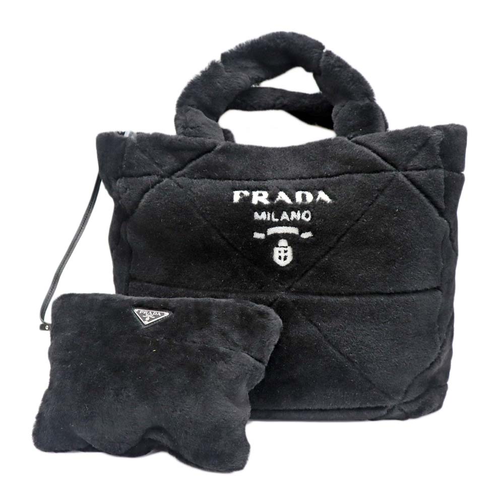 プラダ Prada 1BG427 ムートン トートバッグ レディース ムートン ブラック【中古】