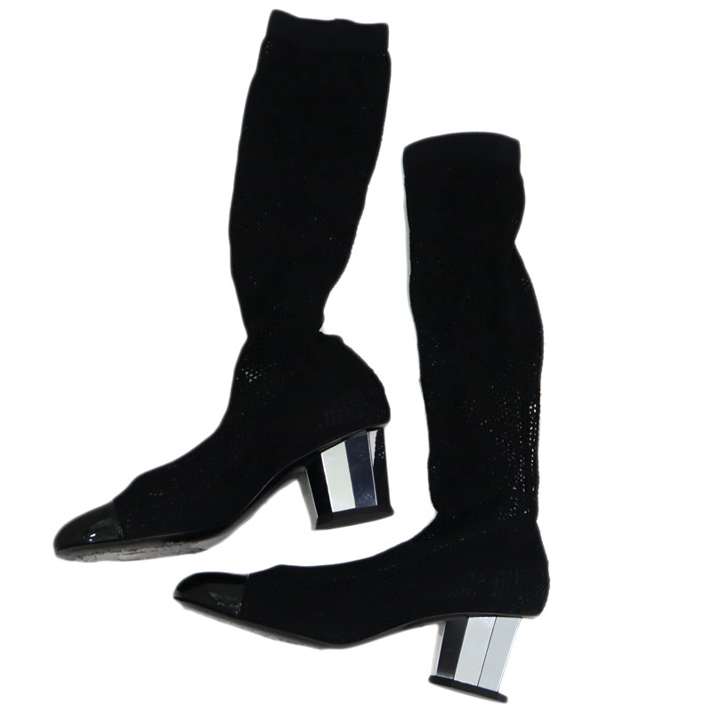 シャネル Chanel ニットレースブーツ ソックスブーツ 約23cm レディース ブラック 【中古】