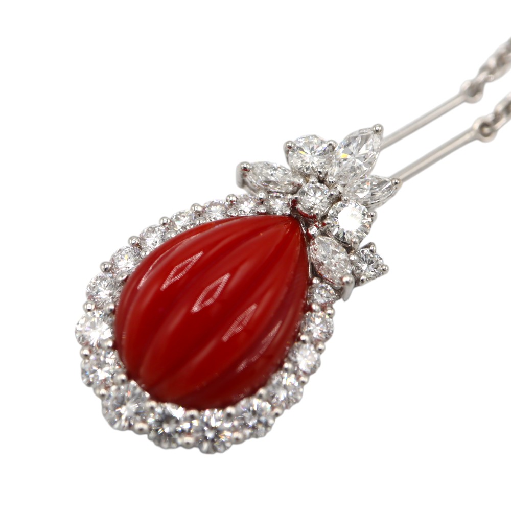 Pt900 プラチナ900 サンゴ ダイヤモンド ネックレス ジュエリー レディース シルバー レッド【中古】