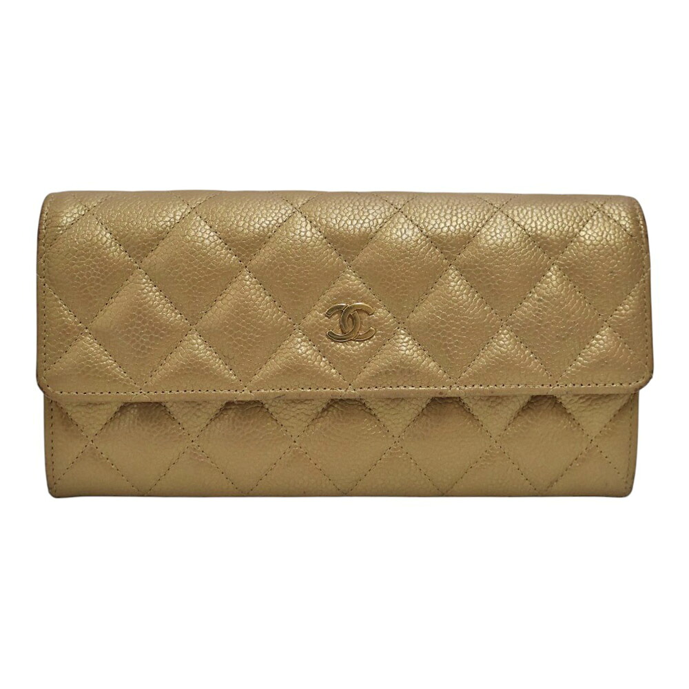 シャネル Chanel A50096 ジッパー付長紙入れ  長紙入れ レディース キャビア人はだ ゴールド【中古】