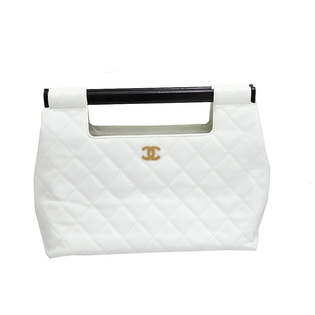 シャネル Chanel ウッドハンドルバッグ ハンドバッグ ホワイトキャビアスキン レザー【中古】