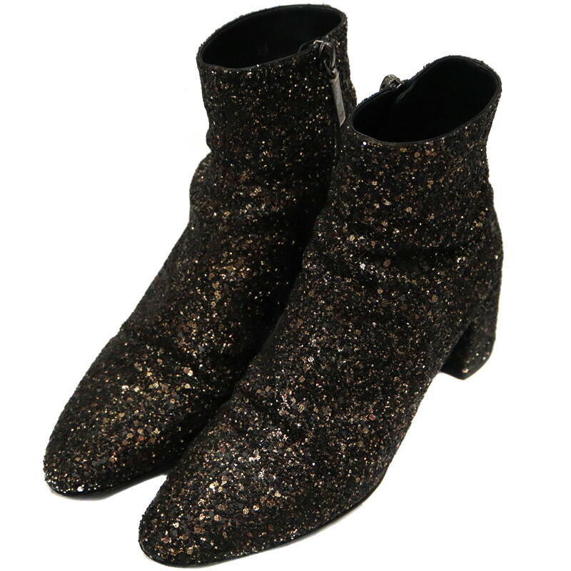 サンローラン Saintlaurent 529376 ショートブーツ スパンコール レザー ブラウン ブラック【中古】