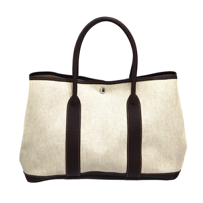 エルメス Hermes ガーデンパーティPM トワルアッシュ キャンバス レザー ハンドバッグ 鞄 ベージュ ブラウン【中古】 75,790円