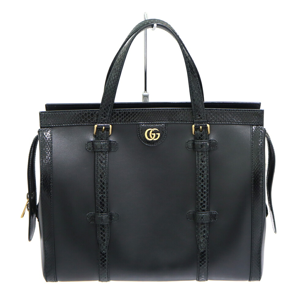 グッチ Gucci 711057 ダブルGミディアムトート パイソン なめし革  日本制限事項 レディース メンズ 黒いこと【中古】