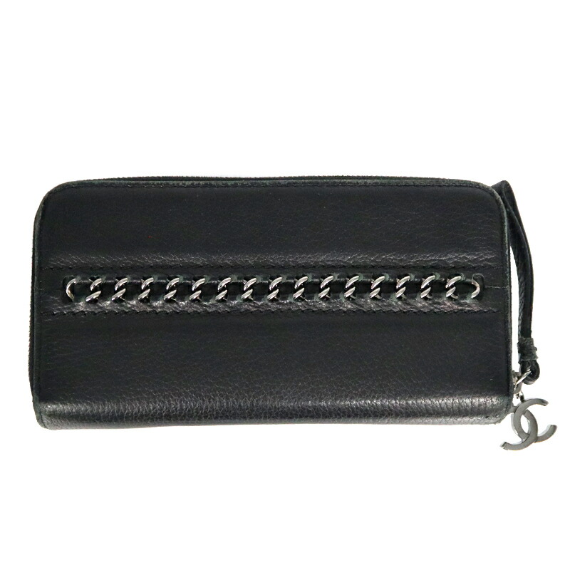 シャネル Chanel ラウンドジッパー紙入れ なめし革 黒いこと 長紙入れ ココマーク 紙入れ【中古】