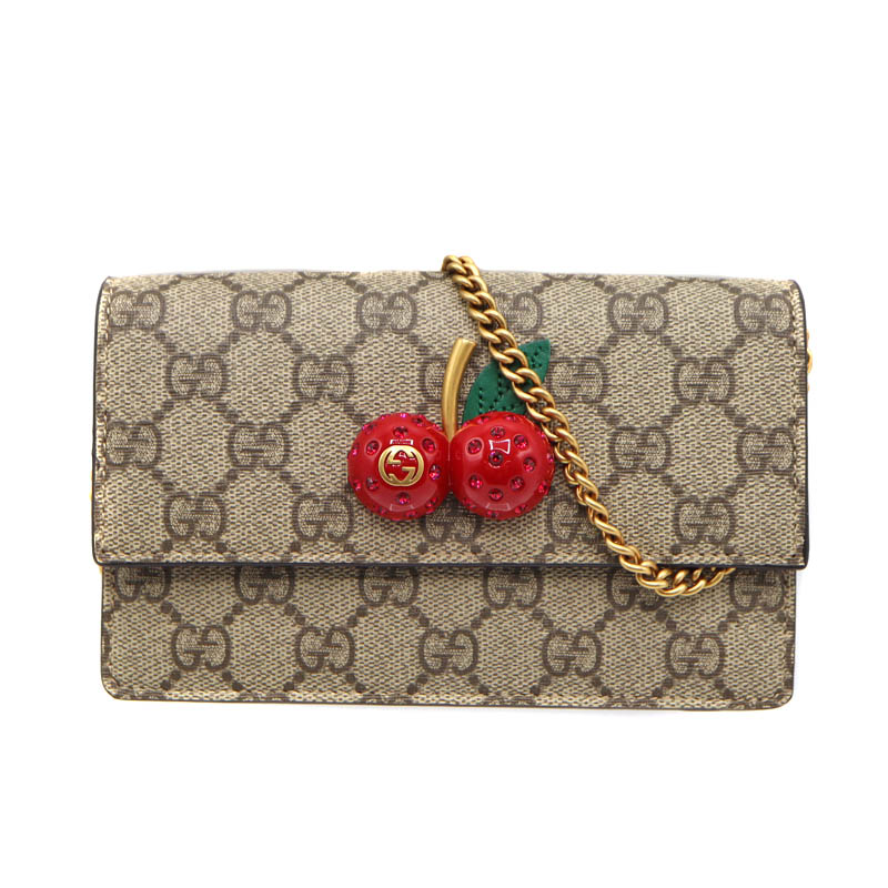 グッチ GUCCI 481291 桜んぼう付ミニ御徒面子 GGスプリーム ショルダーバッグ PVC ベージュ レディース【中古】