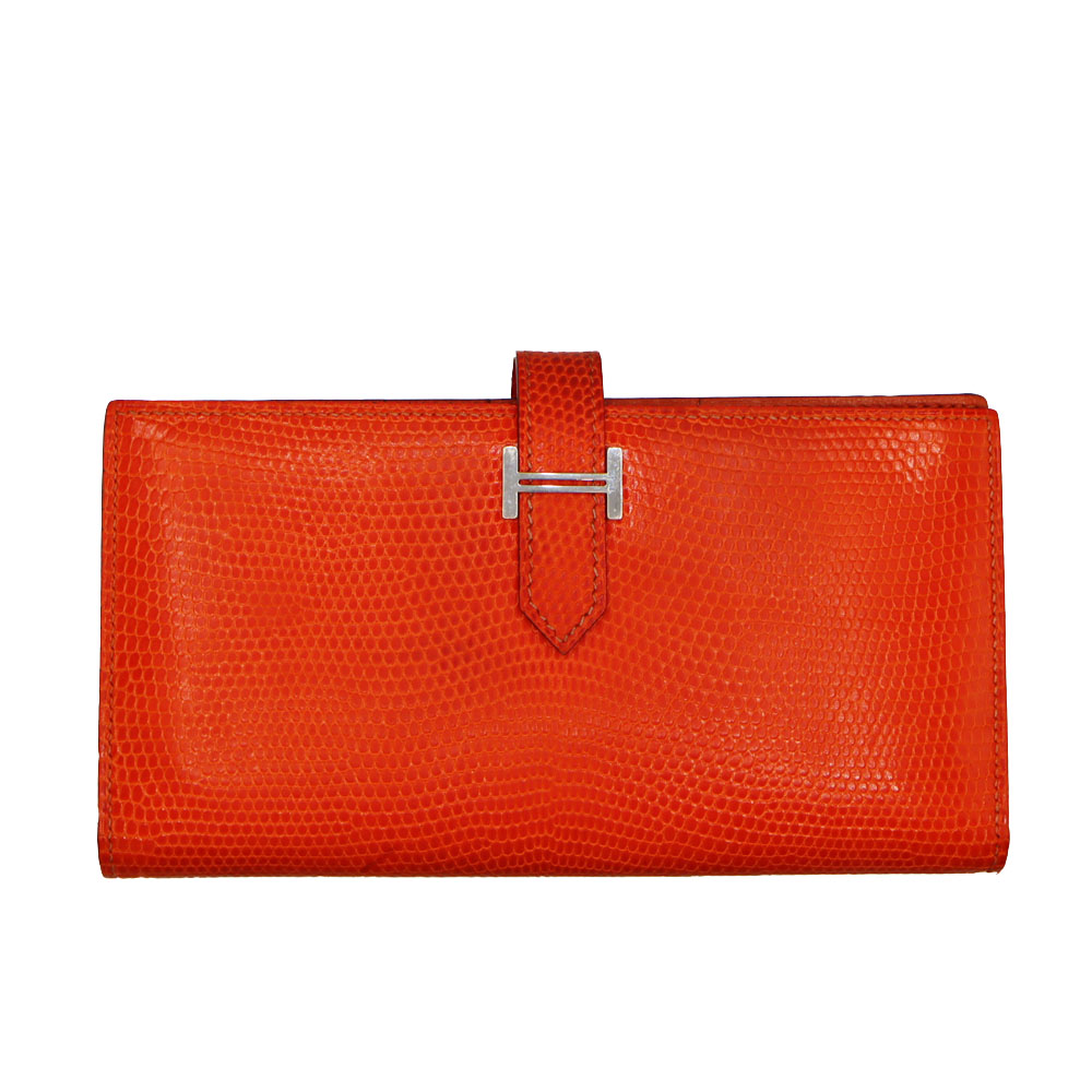 エルメス Hermes ベアンスフレ 蜥蜴 二つ折り金入れ なめし革 オレンジ色 しろがね色金具 □J目じるし 2006年【中古】