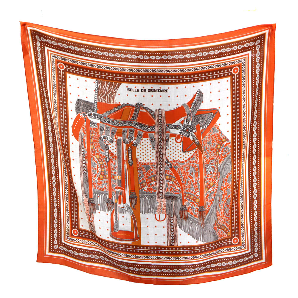 エルメス Hermes カレジェアン140 SELLE DE DIGNITAIRE 高官の鞍 大判 えり巻き レディース オレンジ色 【中古】