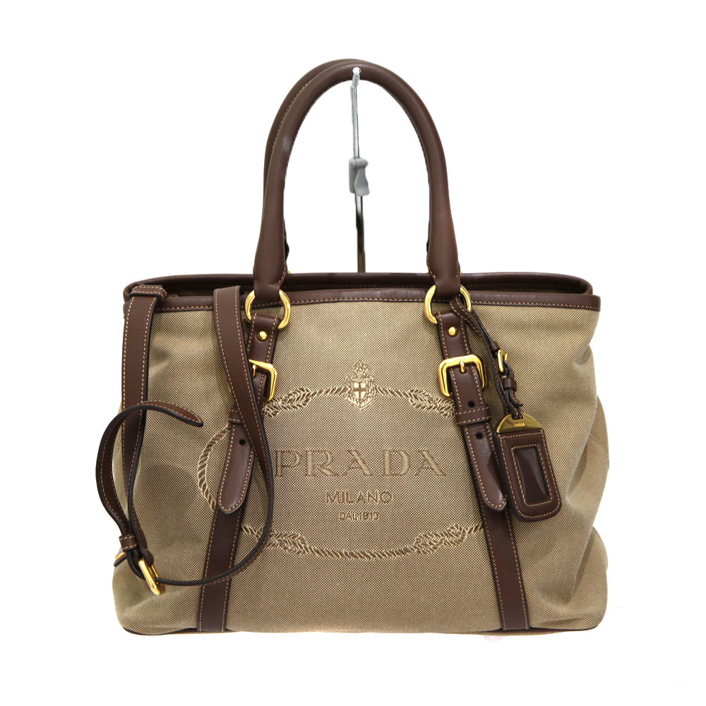 プラダ Prada BN2832 ロゴジャガード トートバッグ 2WAY キャンバス ジャガード レディース ブラウン【中古】