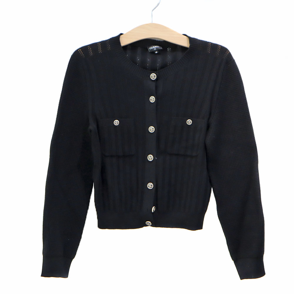シャネル Chanel P70421 K10048 ノーカラーニットカーディガン 朱夏編み物 黒いこと【中古】