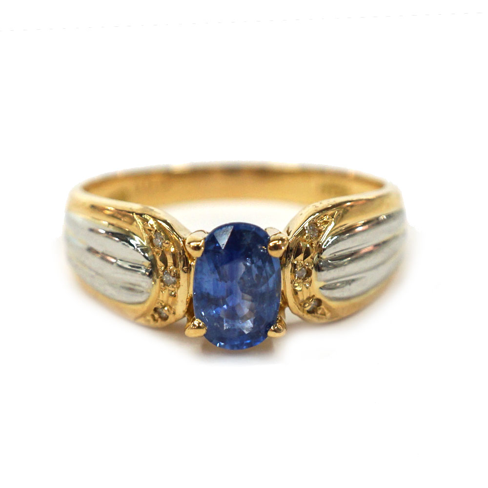 K18 Pt900 18金 プラチナ イエローゴールド リング 指輪 サファイア1.08ct ダイヤモンド0.08ct 【中古】