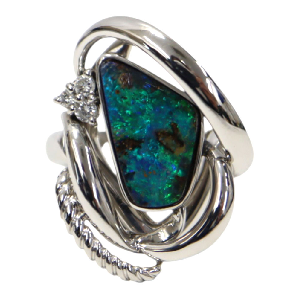 Pt900 プラチナ ボルダーオパール ダイヤモンド0.08ct リング レディース 【中古】