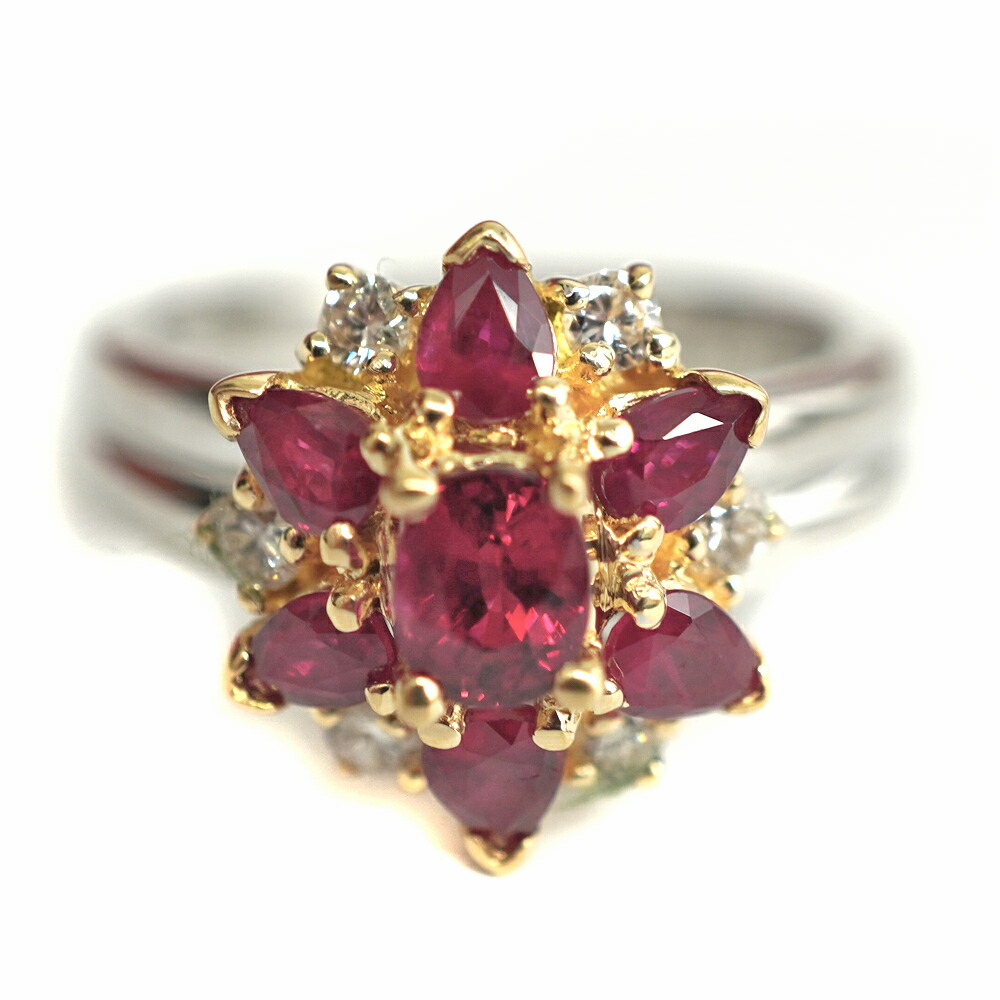 K18/Pt900 ゴールド プラチナ ルビー1.76ct ダイヤモンド0.25ct リング 【中古】