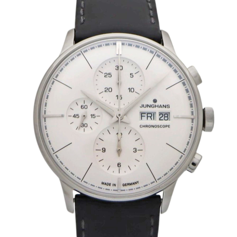 ユンハンス Junghans 027/4729.01 マイはやりっ児 クロノスコープ メンズ 自動小銃一巻き ウオッチ しろがね色 クロノグラフ【中古】