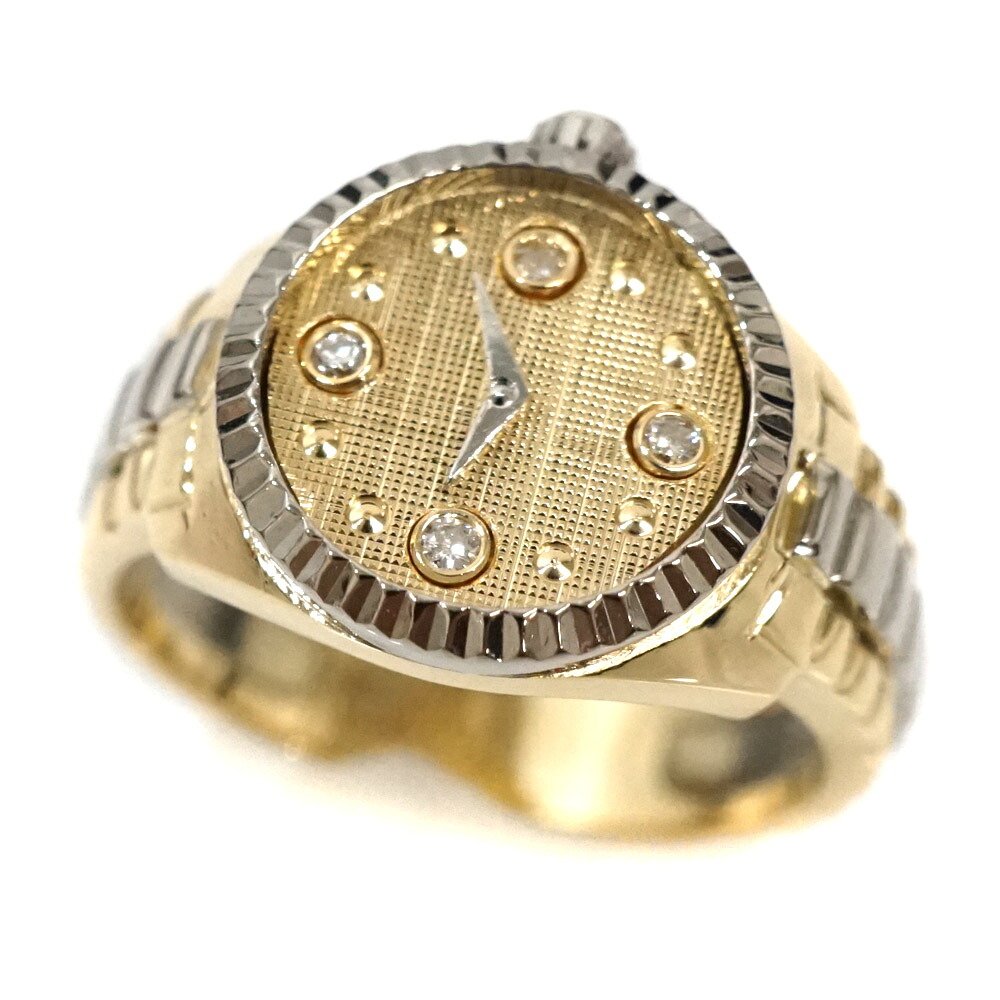 ゴールド 18金 K18 Pt900 プラチナ 時計モチーフ ダイヤモンド リング レディース メンズ ジュエリーアクセサリー 【中古】