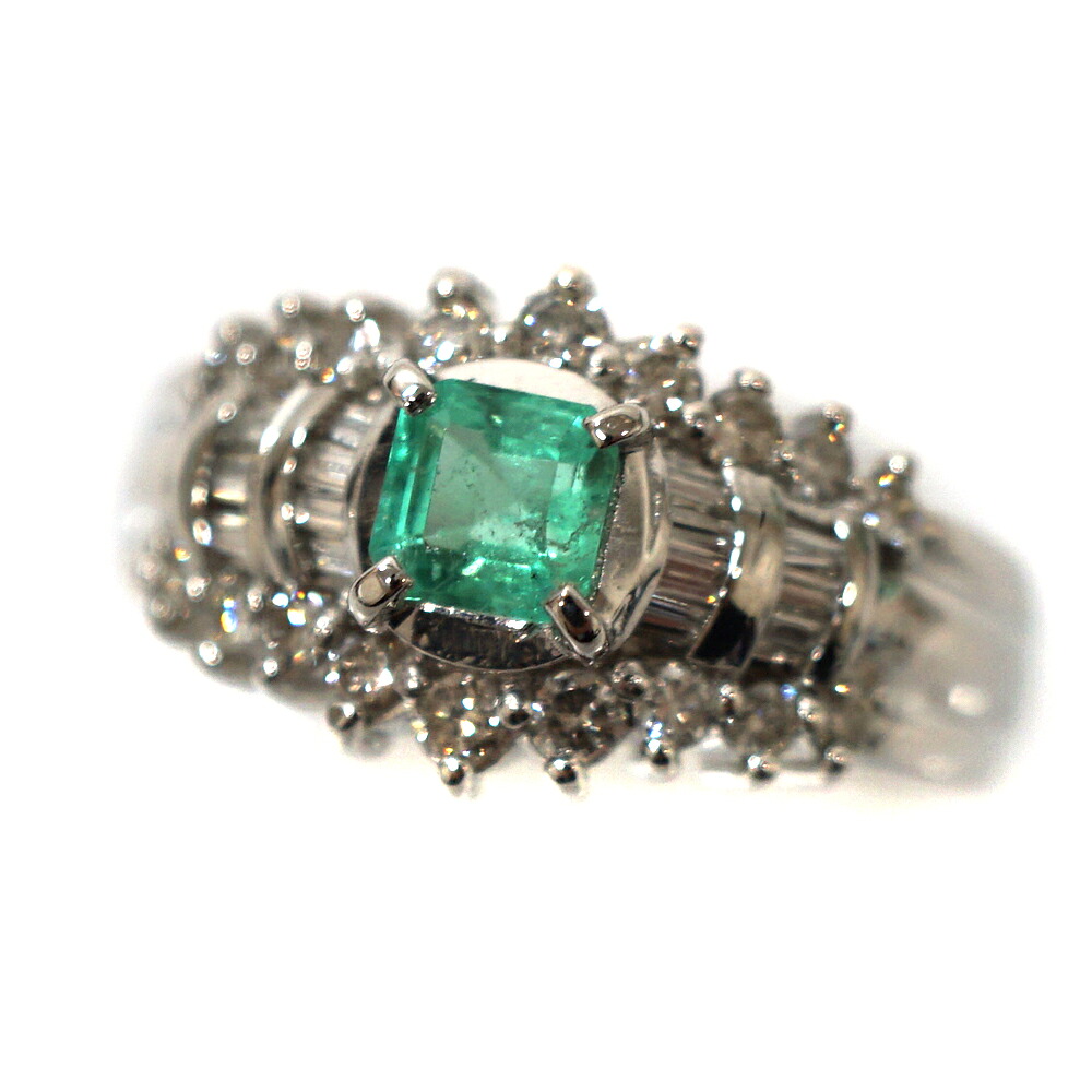Pt900 D0.60ct E0.50ct エメラルドダイヤモンドリング レディース ジュエリー アクセサリー 【中古】