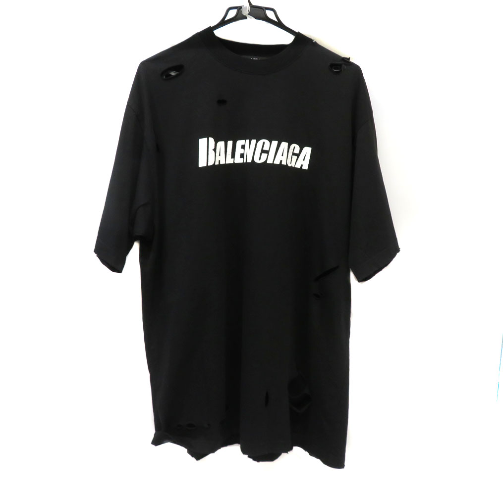BALENCIAGA★ブラックコットンTシャツ BALENCIAGA コットンジャージー オーバーサイズTシャツ ロゴ