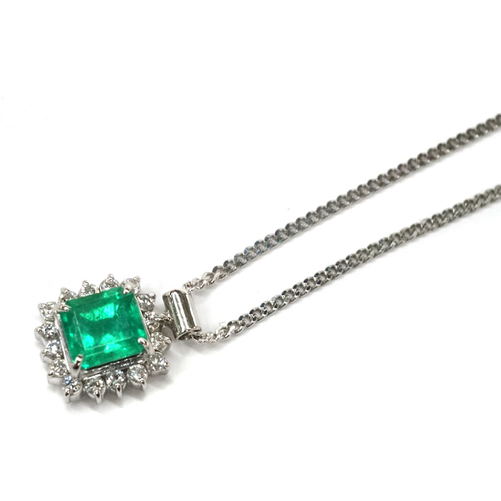 Pt850 プラチナ850 ダイヤモンド 0.22ct エメラルド0.94ctネックレス【中古】