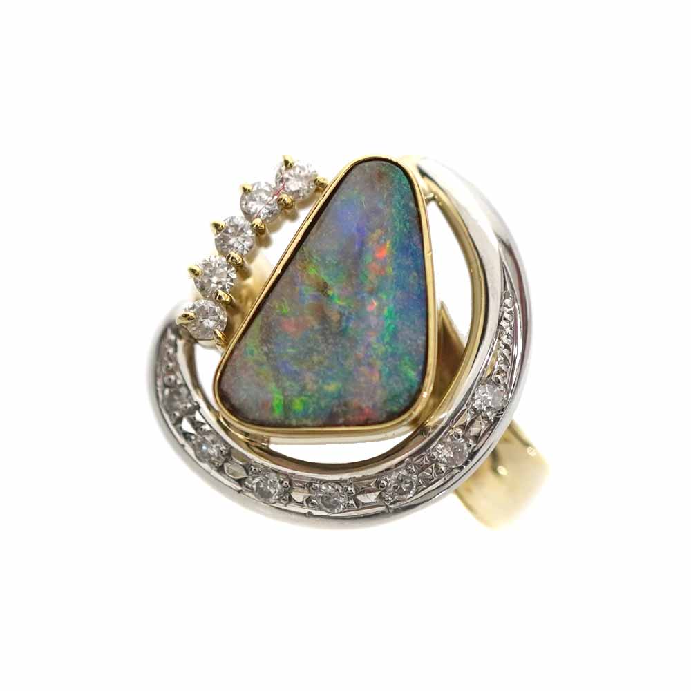 K18YG 18金 イエローゴールド リング 指輪 ボルダーオパール3.18ct ダイヤモンド0.31ct【中古】
