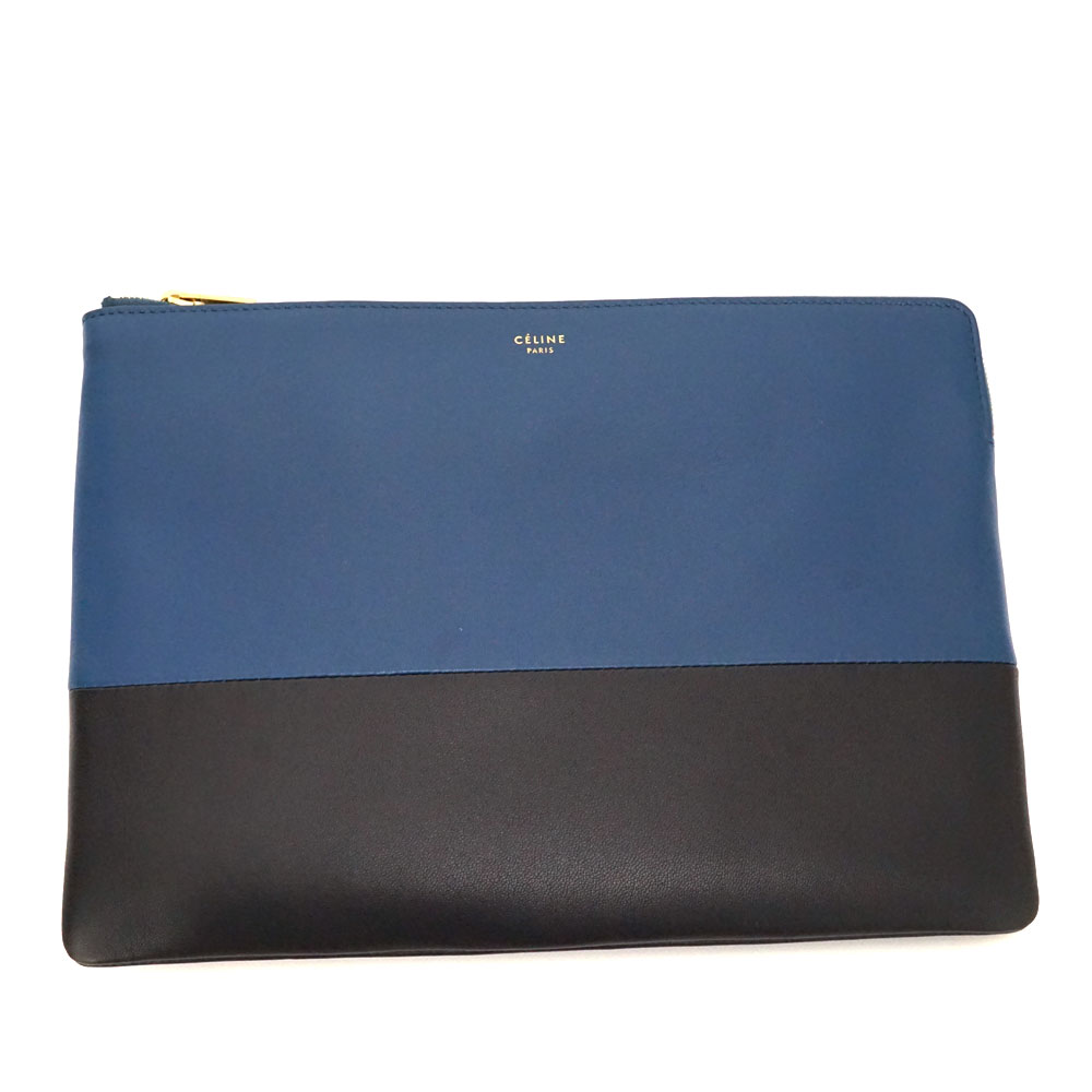セリーヌ Celine バイカラークラッチバッグ 二つ目御徒面子 なめし革 青み 黒いこと【中古】