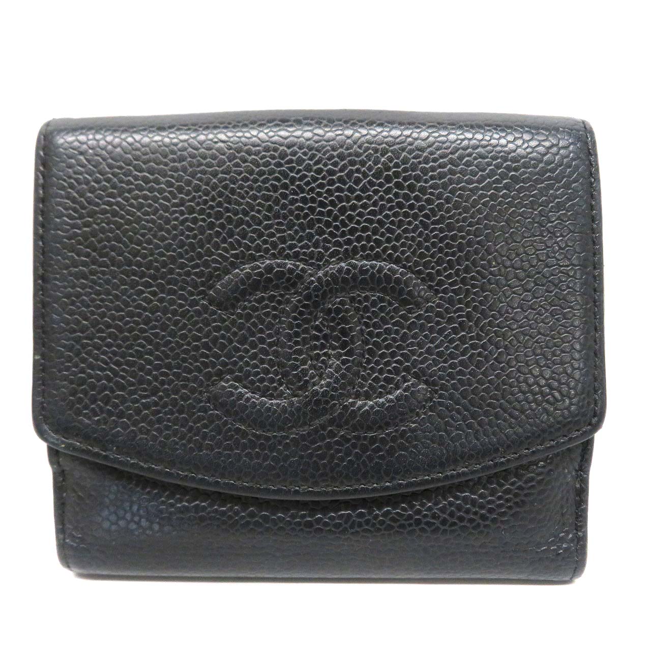 シャネル Chanel Wホック財布 キャビアスキン コンパクト財布 ブラック 【中古】