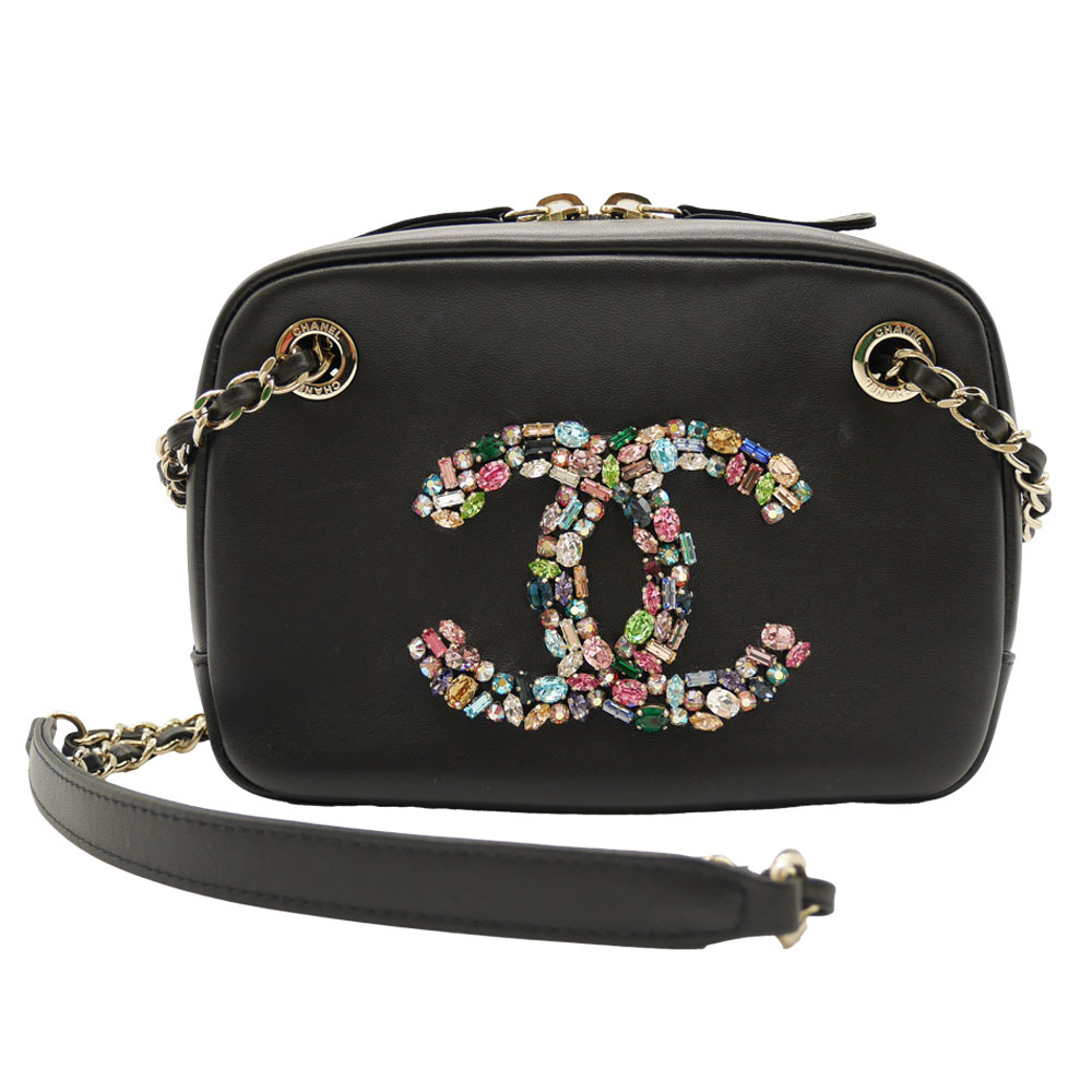 CHANEL シャネル ココマーク チェーンショルダーバッグ ラムスキン ブラック ゴールド金具 ビジュー 【中古】かんてい局光の森店【楽ギフ 包装選択】f25-61｜かんてい局熊本店