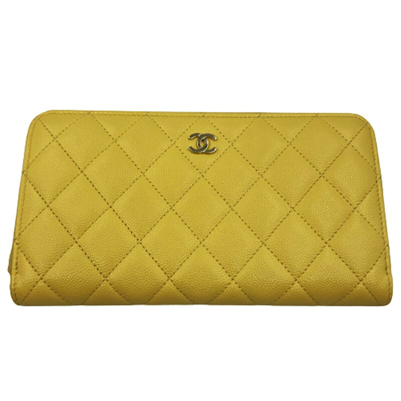 【中古】CHANEL AP0242 クラシック ロング ジップ ラウンドファスナー グレインドカーフスキン 長財布 イエロー ゴールド金具 ココマーク 財布 ダイヤ キルティング ブランド シャネル レディース USED-S