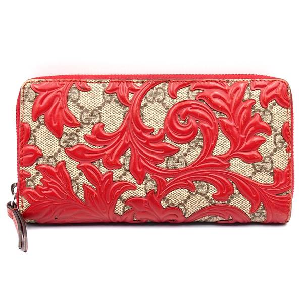 GUCCI グッチ ラウンドジッパー 410102-KLQPN-9778 アラベスク ベージュ ハイビスカス 赤いこと  GGスプリーム  USED-B