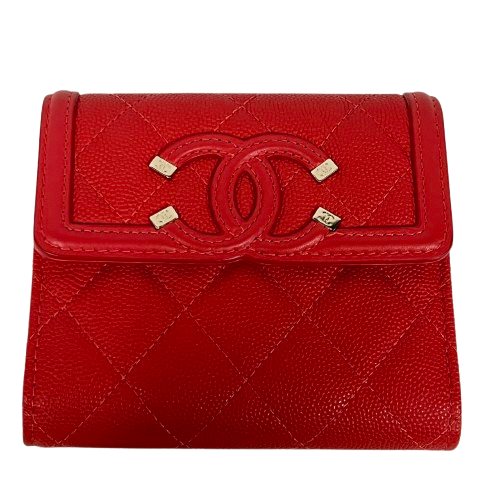 CHANEL シャネル A81940 CC フィリグリー マトラッセ 三つ折り財布 キャビア レッド □□USED-SA