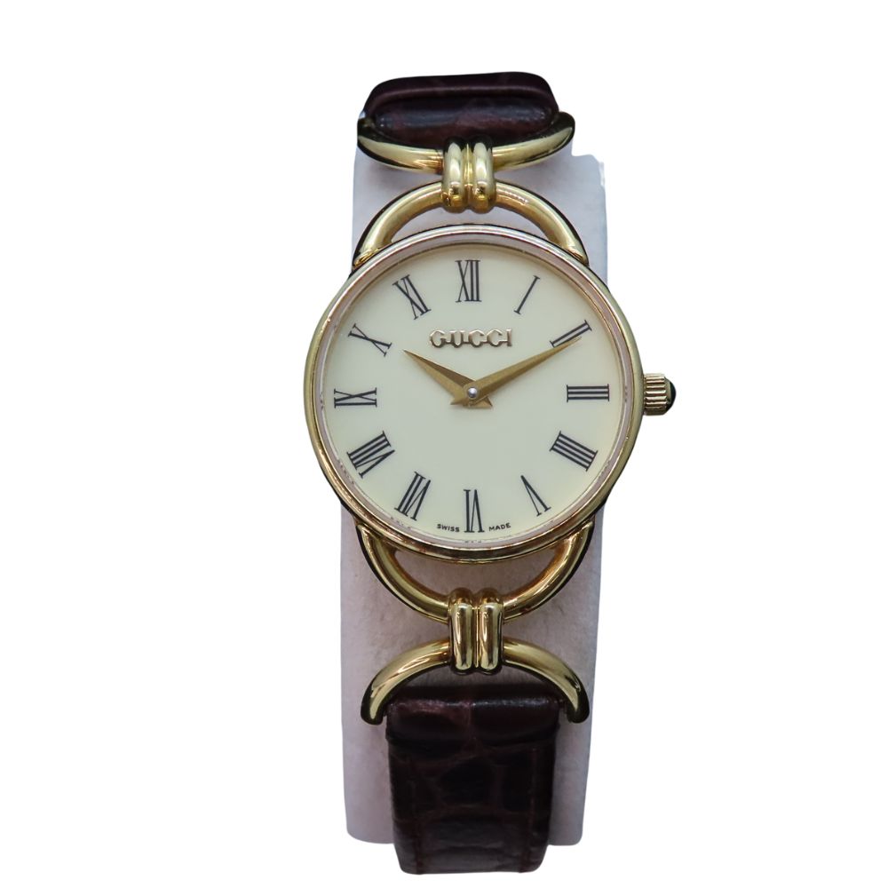 【中古】GUCCI グッチ ラウンド 型番:6000.2.L レディース クオーツ 茶ベルト ゴールド 腕時計 A2301812 【無料ギフトラッピング承ります】