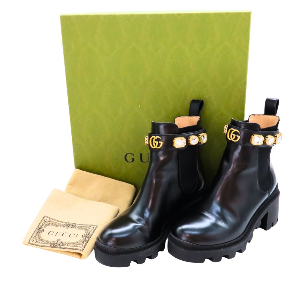 ≪値下げ≫ 【中古】 GUCCHI グッチ 550036 GGマーモント サイドゴアブーツ クリスタルベルト付 レザー 35 1/2 22.5cm ブラック 黒 ビジュー付き レディース ショートブーツ A2400657 【無料ギフトラッピング承ります】