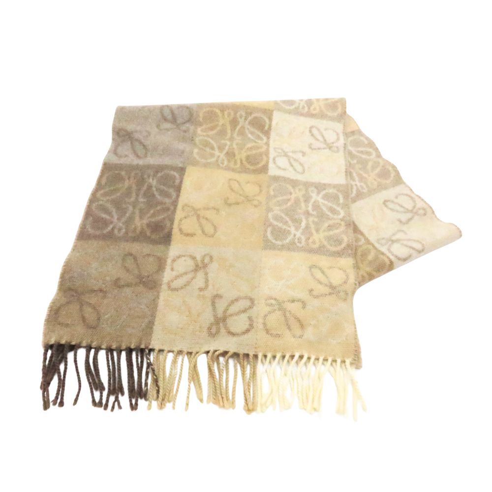 【中古】LOEWE ロエベ CHECKERBOARD SCARF チェッカーボードスカーフ マフラー ホワイト&ベージュ レディース リバーシブル アナグラムジャカード 防寒 冬 A2600188 【無料ギフトラッピング承ります】