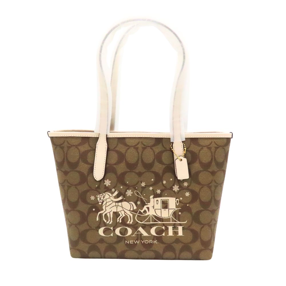 【中古】COACH コーチ ミニ シティ トート・シグネチャー キャンバス・ホース アンド スレイ 型:CM183 ホワイト トートバッグ レディース 冬 雪 クリスマス 完売品 未使用 美品 A2601276 【無料ギフトラッピング承ります】