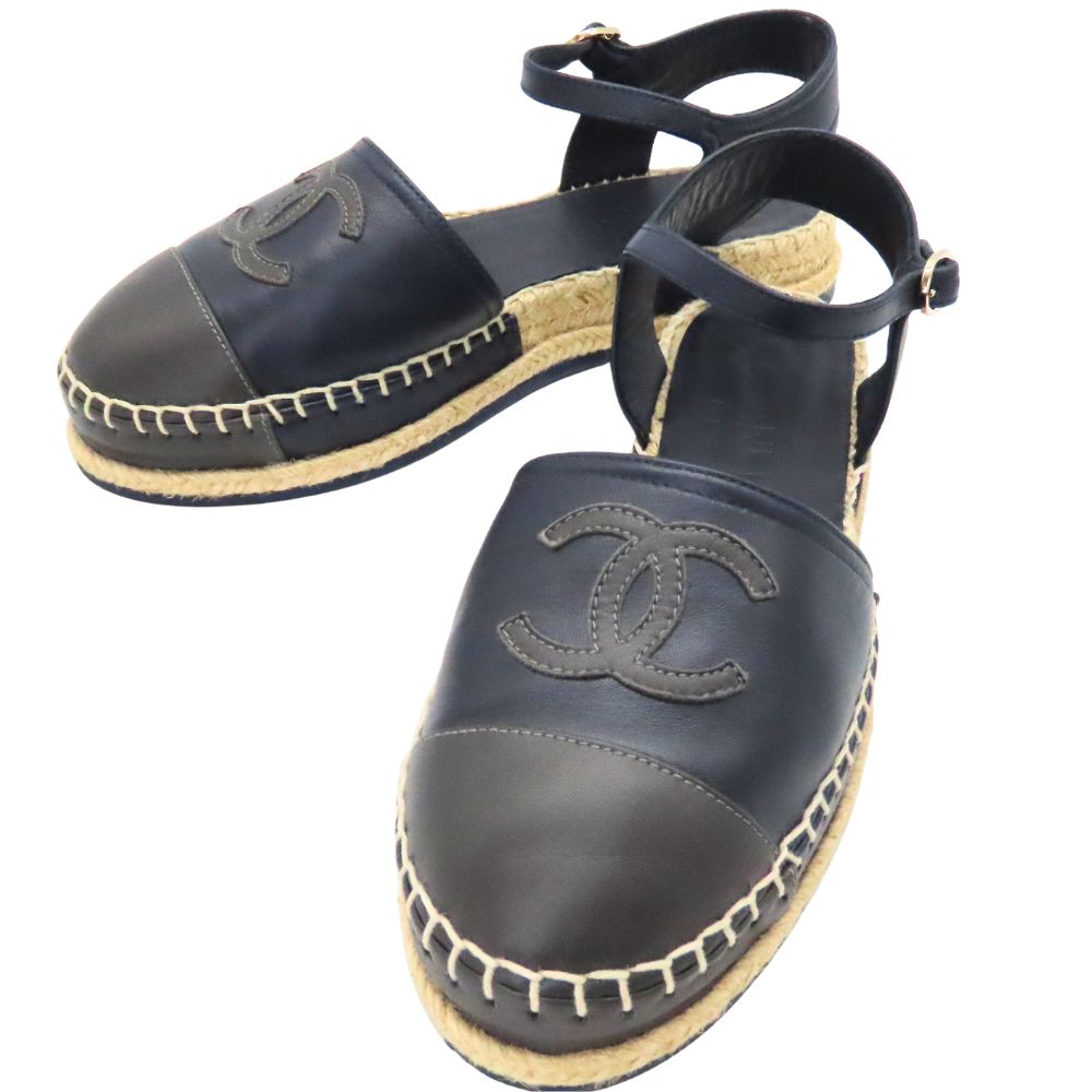 【中古】CHANEL シャネル エスパードリーユ サンダル サイズ:35 約22cm ESPADRILLES ジュート 麻 ネイビー グレー 紺 ココマーク レザー カジュアル 靴 シューズ A2601466【無料ギフトラッピング承ります】