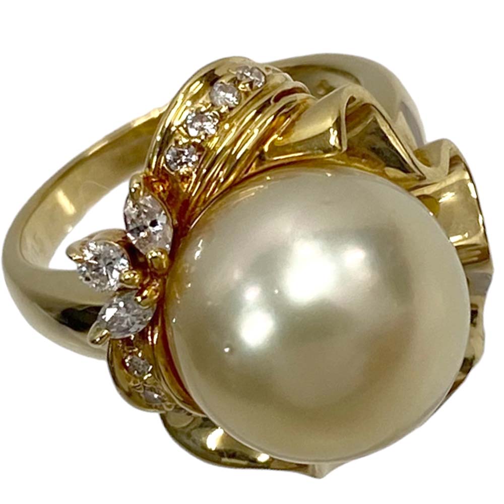 【美品】パール付 デザインリング K18YG 約9号 約8.4g ゴールドパール ダイヤ 0.15ct アクセサリー レディース 【中古】