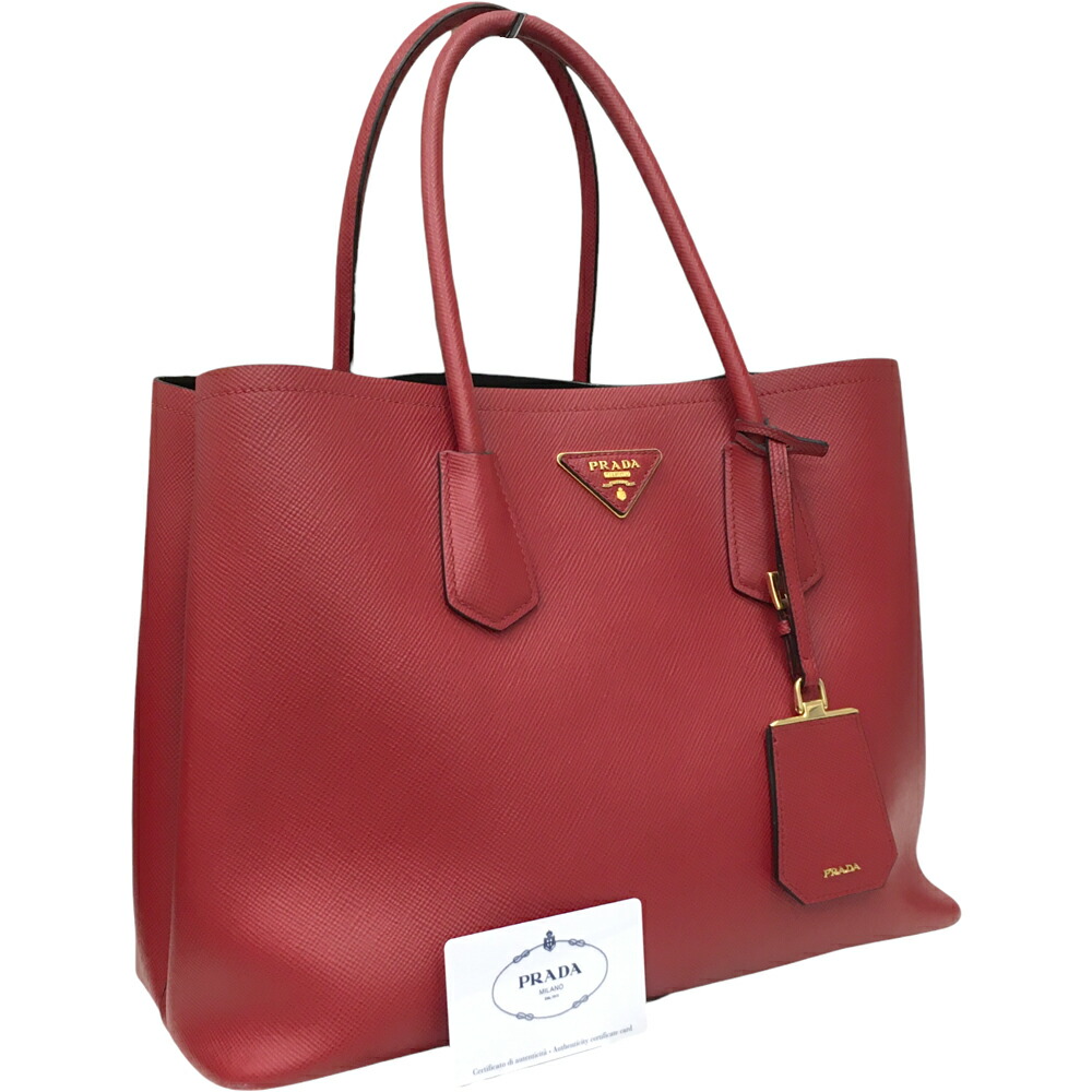 ［泉店］【良品/ギャラ〇】プラダ B2756T サフィアーノキュイール 2wayバッグ ハンドバッグ FUOCO フォーコ ルージュ 赤 レッド カーフレザー 型押し 三角プレート ゴールド金具 レディース 女性用【中古】｜質屋かんてい局山形北店