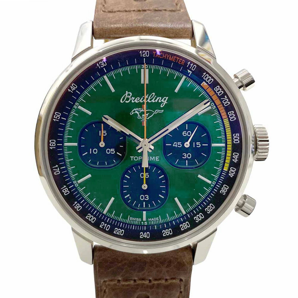 ［泉店］ 【美品/付属品〇】 ブライトリング BREITLING A253101A1L1X1 トップタイムフォードマスタング 腕時計 機械式 自動巻き 緑文字盤 クロノグラフ レザーベルト メンズ 【中古】