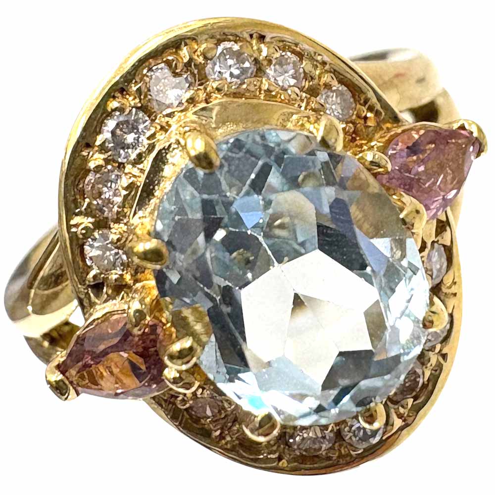 ［泉店］【美品】ブルー トパーズ デザインリング 約11号 K18 約7.34g トパーズ 2.70ct ピンクサファイア 0.26ct メレダイヤ 0.258ct 指輪 レディース 女性向け【中古】