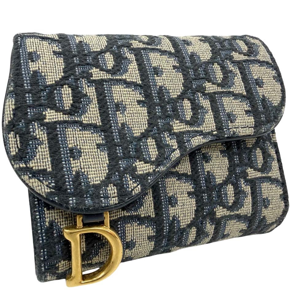 【美品/箱付】 クリスチャンディオール サドル コンパクトウォレット トロッター柄 青み系【中古】