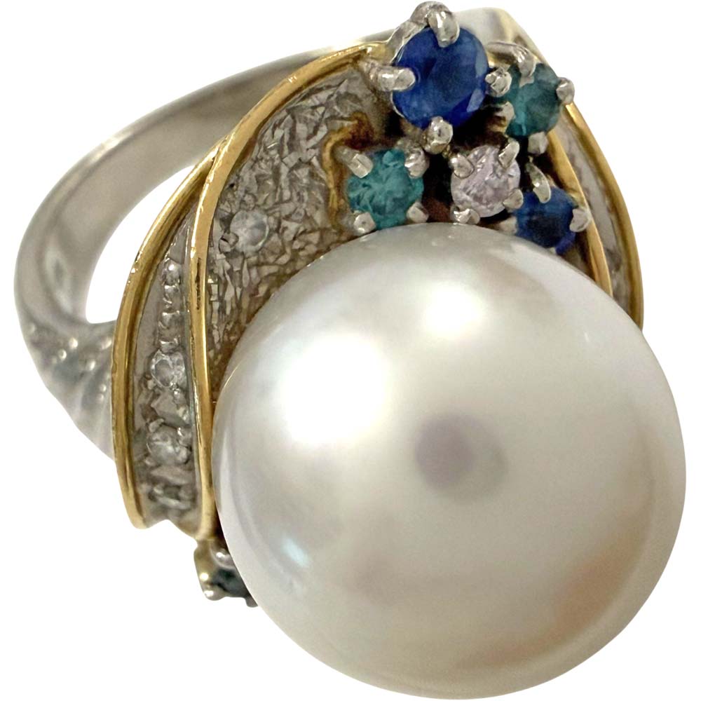 ［南店］【美品】 パールデザインリング K18 Pt900 12.9mm珠パール メレダイヤモンド 0.34ct サファイア 0.40ct 約16.93g 約18号 【中古】