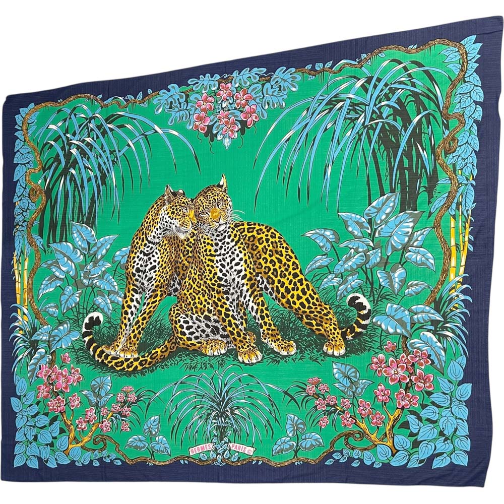 ［南店］【極美品】 エルメス パレオ ジャングル 優しいこと Jungle Love 緑であること 豹柄 ヒョウ柄【中古】