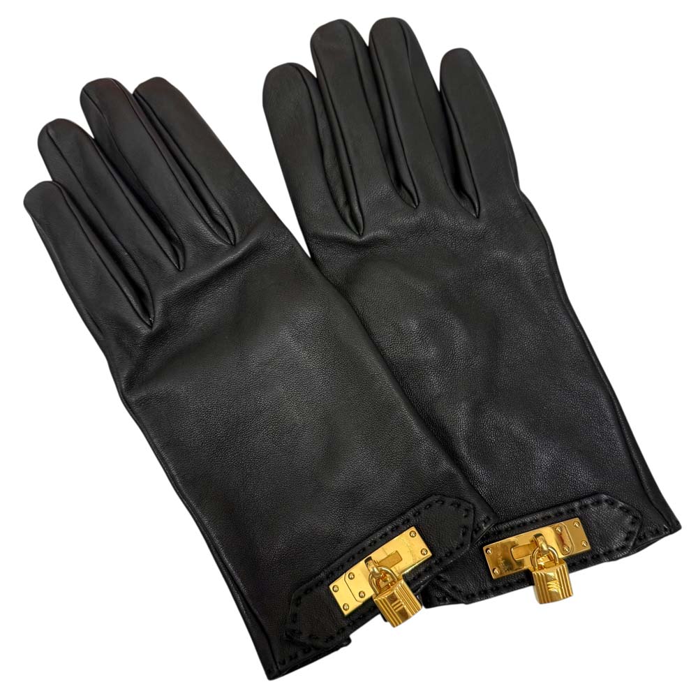 ［泉店］【極美品】 エルメス ケリーカデナ レザーグローブ ブラック ゴールド【中古】