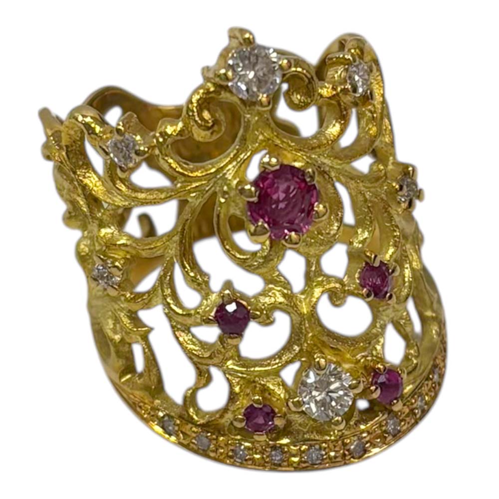 【美品】 ルビー・ダイヤ付きデザインリング K18 ダイヤモンド 0.45ct ルビー 0.50ct 約9.2g 約15号 【中古】｜質屋かんてい局山形北店