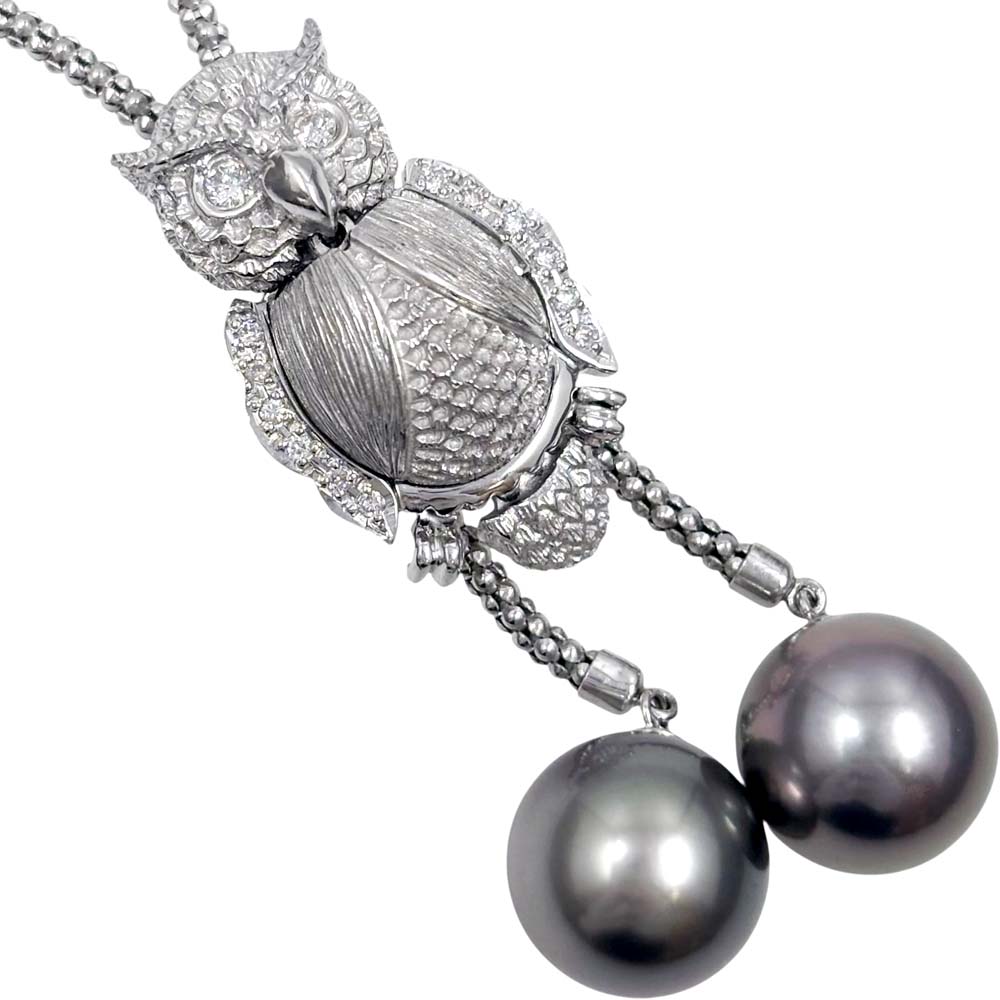 【美品】 パール付き フクロウデザイン ループタイネックレス K18WG ダイヤモンド 0.16ct 約37.5cm 約21.03g 【中古】｜質屋かんてい局山形北店