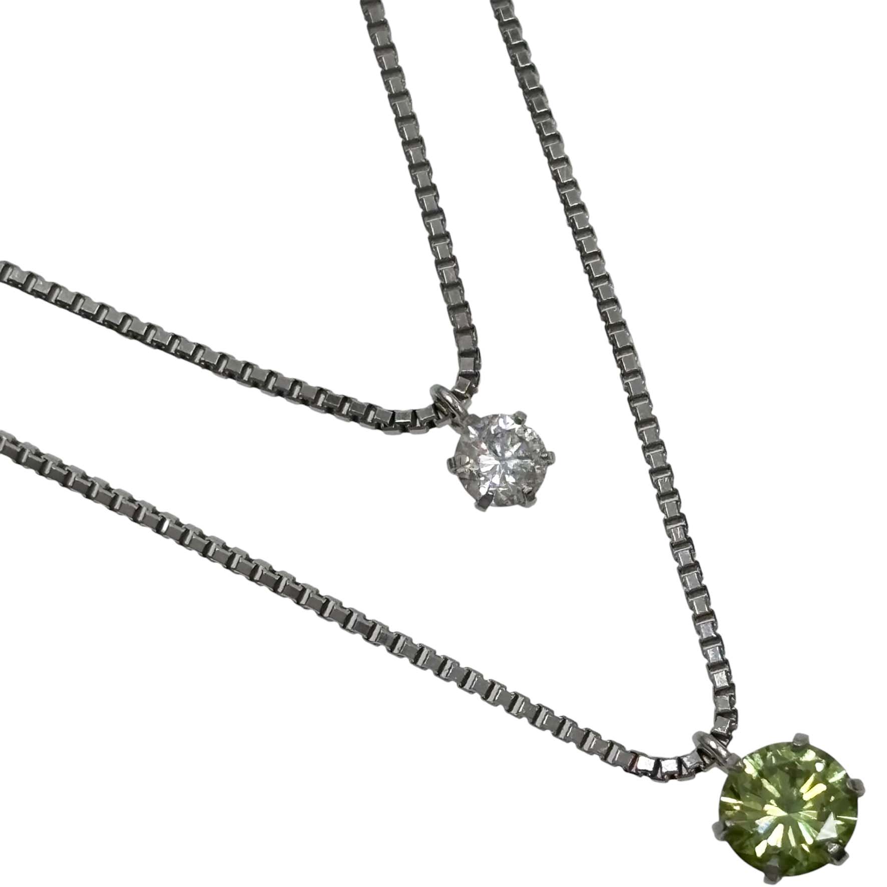 【美品】 グリーンダイヤ付き 2連ネックレス K18WG ダイヤモンド 0.10ct グリーンダイヤモンド 0.24ct 約46cm 約2.71g 【中古】