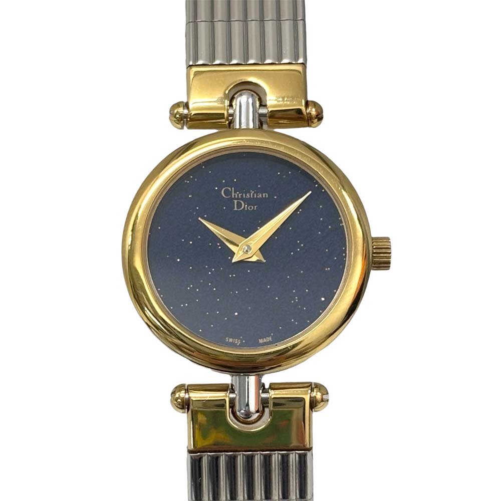 【美品】 クリスチャンディオール Dior 3025 ラウンド ラメ ラピスラズリ文字記号盤 石英時辰儀 青色 【中古】